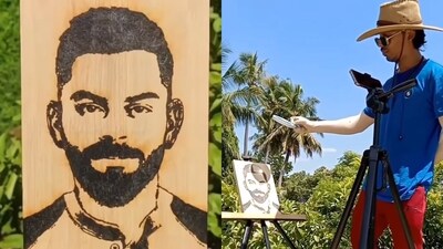 Vignesh drawing a portrait of Virat Kohli, former India skipper, on wood using a magnifying glass. (Instagram/@vignesh_sunlight_artist) Vignesh drawing a portrait of Virat Kohli, former India skipper, on wood using a magnifying glass. (Instagram/@vignesh_sunlight_artist)