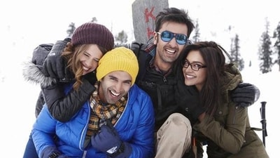 Ranbir Kapoor with Deepika Padukone, Aditya Roy Kapur and Kalki Koechlin in Yeh Jawaani Hai Deewani.
