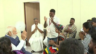 PM Modi interacting with members of Hakki Pikki tribe on Sunday in Shivamogga (ANI) PM Modi interacting with members of Hakki Pikki tribe on Sunday in Shivamogga (ANI)