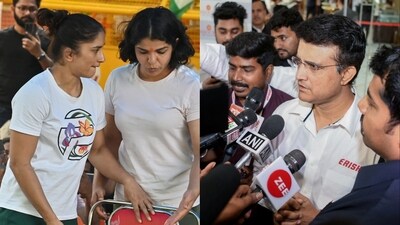 Wrestlers Vinesh Phogat and Sakshi Malik, and former cricketer Sourav Ganguly (Left to Right). Wrestlers Vinesh Phogat and Sakshi Malik, and former cricketer Sourav Ganguly (Left to Right).