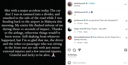 Rakshita Suresh penned a note on Instagram about her accident.