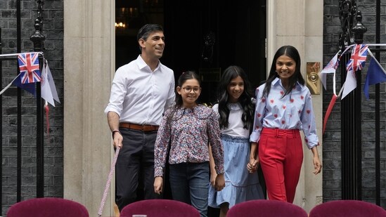 UK Prime Minister Rishi Sunak and his wife Akshata Murthy joined their children for the Coronation Big Lunch event held at Downing Street on Sunday.(AFP)