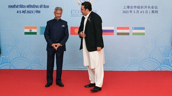 Jaishankar with Pakistan foreign minister Bilawal Bhutto in Goa on Friday. (ANI)