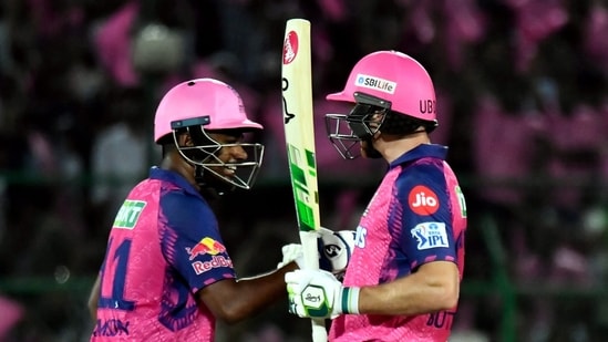 Rajasthan Royals batter Jos Buttler celebrates his half century during the IPL 2023 match against Sunrisers Hyderabad, at Sawai Mansingh Stadium in Jaipur,(PTI)
