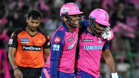 Rajasthan Royals batters Sanju Samson and Shimron Hetmyer during the IPL 2023 match against Sunrisers Hyderabad(PTI)