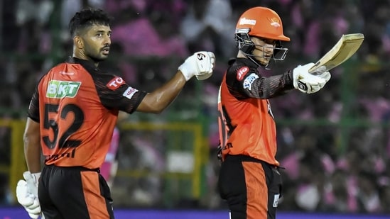 Sunrisers Hyderabad batter Abhishek Sharma celebrates his half century during the IPL 2023 match against Rajasthan Royals(PTI)