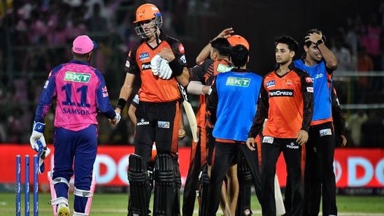 Sunrisers Hyderabad players celebrate after winning their IPL 2023 match against Rajasthan Royals(PTI)
