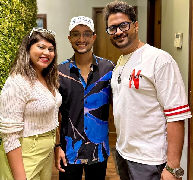 Sundeep Gosswami and Kanchhan Srivas with Indian Idol winner Rishi Singh after recording his debut single.