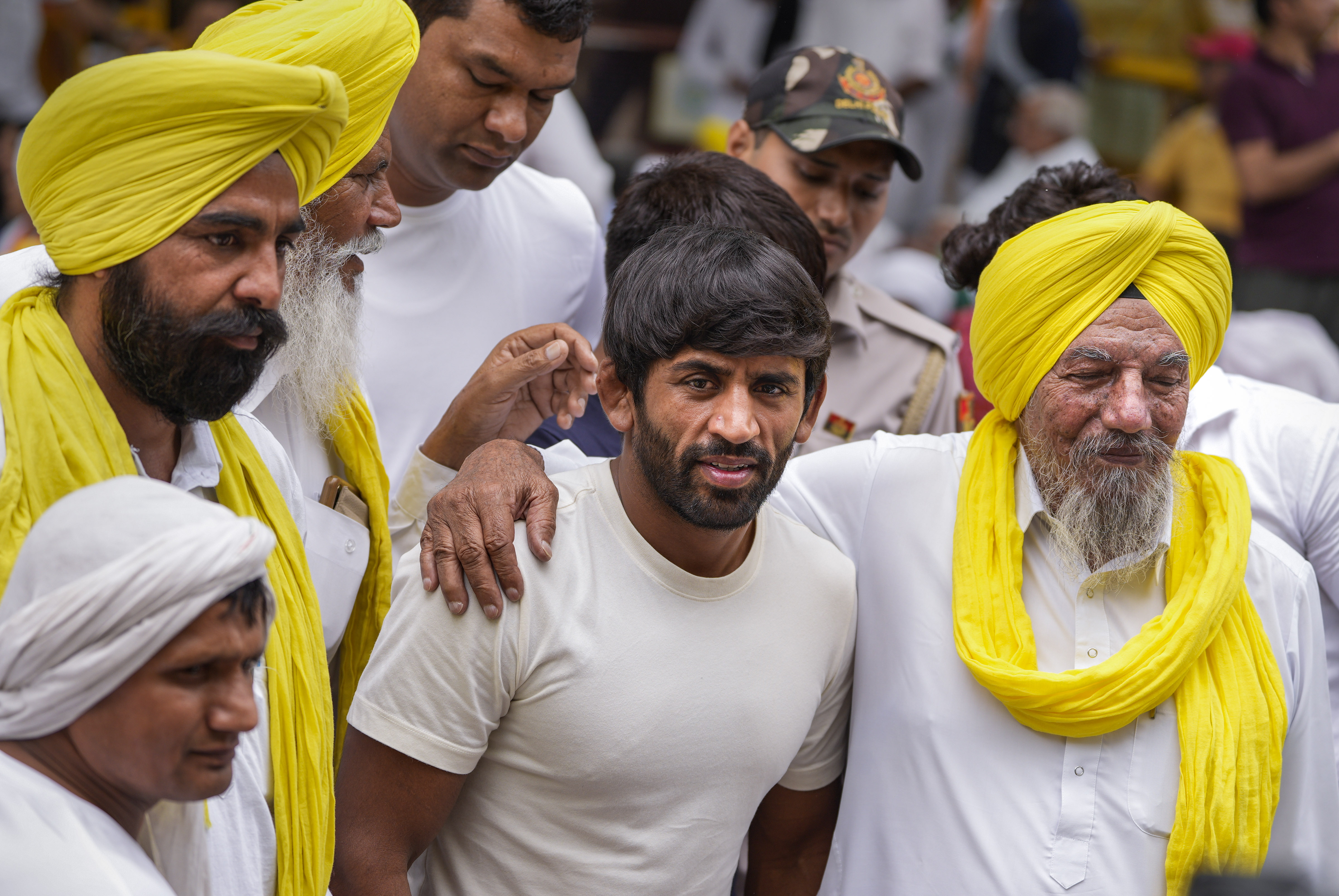 Wrestler Bajrang Punia with farmers during the latter's demonstration in support of the wrestlers protesting against Wrestling Federation of India (WFI) chief Brij Bhushan Sharan Singh. (PTI) Wrestler Bajrang Punia with farmers during the latter's demonstration in support of the wrestlers protesting against Wrestling Federation of India (WFI) chief Brij Bhushan Sharan Singh. (PTI)