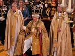Britain's King Charles III with the St Edward's Crown on his head. Britain's King Charles III with the St Edward's Crown on his head.
