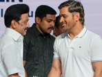 Tamil Nadu Chief Minister MK Stalin being greeted by cricketer MS Dhoni at the launch of Tamil Nadu Champions Foundation and Chief Minister's Trophy 2023 Logo in Chennai on Monday, Tamil Nadu Chief Minister MK Stalin being greeted by cricketer MS Dhoni at the launch of Tamil Nadu Champions Foundation and Chief Minister's Trophy 2023 Logo in Chennai on Monday,