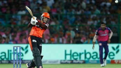 Abhishek Sharma plays a shot against Rajasthan Royals (IPL Twitter) Abhishek Sharma plays a shot against Rajasthan Royals (IPL Twitter)