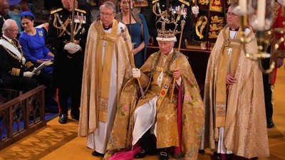 Britain's King Charles III with the St Edward's Crown on his head. (AFP) Britain's King Charles III with the St Edward's Crown on his head. (AFP)