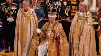 Britain's King Charles III with the St Edward's Crown on his head. (AFP)
