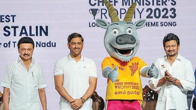 Chief minister MK Stalin with cricketer MS Dhoni and sports minister Udayanidhi Stalin at the launch of Tamil Nadu Champions Foundation and Chief Minister’s Trophy 2023 programme, in Chennai on Monday. (PTI) Chief minister MK Stalin with cricketer MS Dhoni and sports minister Udayanidhi Stalin at the launch of Tamil Nadu Champions Foundation and Chief Minister’s Trophy 2023 programme, in Chennai on Monday. (PTI)