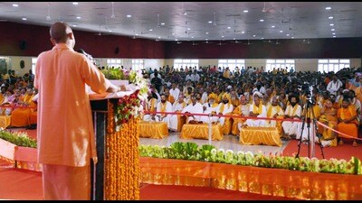 Chief minister Yogi Adityanath addressing a gathering in Ayodhya on Monday. (HT PHOTO) Chief minister Yogi Adityanath addressing a gathering in Ayodhya on Monday. (HT PHOTO)