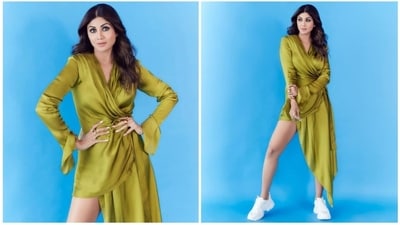 The ever-so-stylish Shilpa Shetty earlier made headlines for her eye-grabbing wardrobe choice. She was recently spotted stepping out in a comfy yet fancy outfit. She donned a satin green wrap asymmetrical dress which she paired with white sneakers. (Instagram/@theshilpashetty) The ever-so-stylish Shilpa Shetty earlier made headlines for her eye-grabbing wardrobe choice. She was recently spotted stepping out in a comfy yet fancy outfit. She donned a satin green wrap asymmetrical dress which she paired with white sneakers. (Instagram/@theshilpashetty)