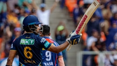 Gujarat Titans batter Wriddhiman Saha celebrates after scoring a half-century. (PTI) Gujarat Titans batter Wriddhiman Saha celebrates after scoring a half-century. (PTI)