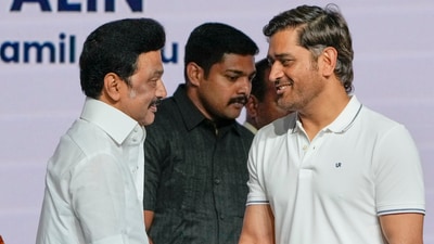 Tamil Nadu Chief Minister MK Stalin being greeted by cricketer MS Dhoni at the launch of Tamil Nadu Champions Foundation and Chief Minister's Trophy 2023 Logo in Chennai on Monday, (PTI) Tamil Nadu Chief Minister MK Stalin being greeted by cricketer MS Dhoni at the launch of Tamil Nadu Champions Foundation and Chief Minister's Trophy 2023 Logo in Chennai on Monday, (PTI)