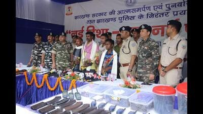 The five Maoists at the police headquarters in Ranchi on Monday. (HT Photo)