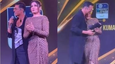 Raveena Tandon, Akshay Kumar hugged each other 20 years after they called off engagement. Raveena Tandon, Akshay Kumar hugged each other 20 years after they called off engagement.