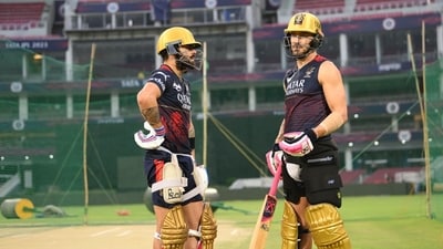 Virat Kohli and Faf du Plessis during a nets session for RCB. Virat Kohli and Faf du Plessis during a nets session for RCB.