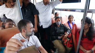 Rahul Gandhi talks to women travellers inside a BMTC bus. (Twitter/@RahulGandhi)