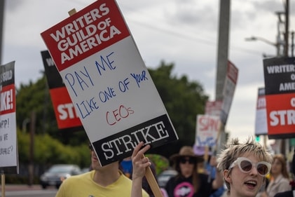 People picket outside of Paramount Pictures studios during the Hollywood writers strike on May 4, 2023 in Los Angeles, California. (Getty Images via AFP) People picket outside of Paramount Pictures studios during the Hollywood writers strike on May 4, 2023 in Los Angeles, California. (Getty Images via AFP)