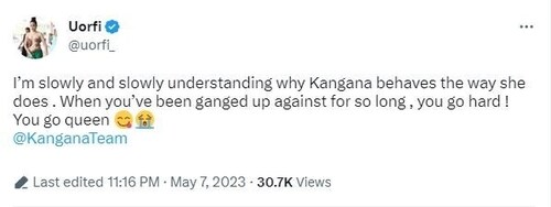 In her next tweet, Uorfi spoke about actor Kangana Ranaut.