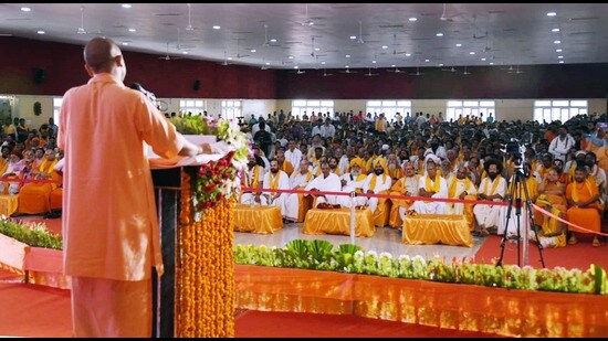 Chief minister Yogi Adityanath addressing a gathering in Ayodhya on Monday. (HT PHOTO)
