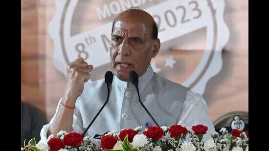 Defence minister Rajnath Singh during the inauguration of Raipur Kalan Gaushala in Chandigarh on Monday. (Ravi Kumar/HT)