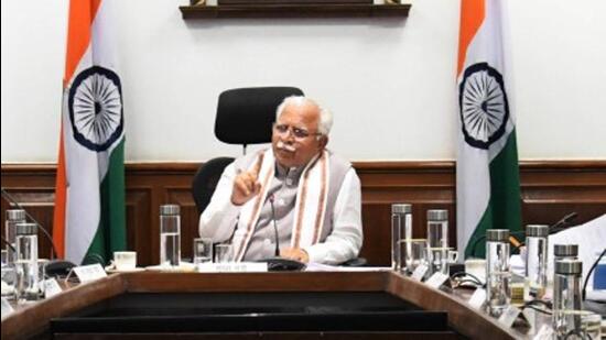Haryana chief minister Manohar Lal Khattar presides over a cabinet meeting in Chandigarh on Monday.