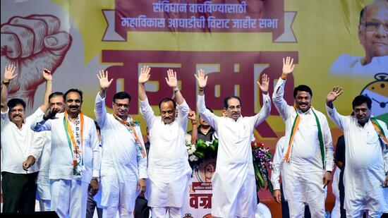 Mumbai, May 02 (ANI): Congress, NCP and Uddhav Balasaheb Thackeray party's Maha Vikas Aaghadi leaders Udhhav Thackeray, Ajit Pawar and others organized 'Vajramuth Sabha' at BKC in Mumbai on Monday. (ANI Photo) (Sandip Mahankal)