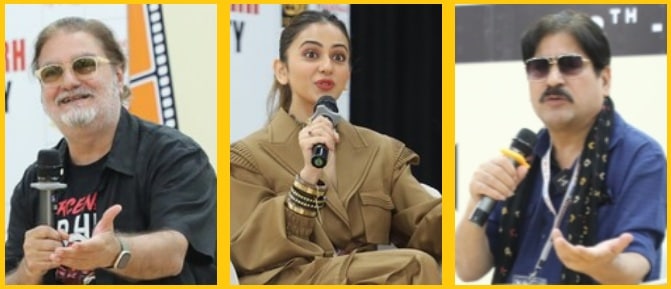 (L-R): Actors Vinay Pathak; Rakul Preet Singh; and Yashpal Sharma (L-R): Actors Vinay Pathak; Rakul Preet Singh; and Yashpal Sharma