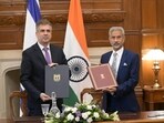 Israeli foreign minister Eli Cohen with his Indian counterpart S Jaishankar. Israeli foreign minister Eli Cohen with his Indian counterpart S Jaishankar.