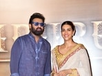 Prabhas with Kriti Sanon at the trailer launch for Adipurush. Prabhas with Kriti Sanon at the trailer launch for Adipurush.