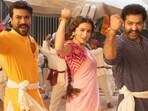 Ram Charan, Alia Bhatt and Jr NTR in a still from RRR. 