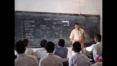 A teacher teaching at a Government Inter College in Uttar Pradesh’s Prayagraj district. (HT file photo)