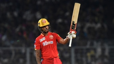 Punjab Kings' Shikhar Dhawan celebrates after scoring a half-century vs Kolkata Knight Riders in IPL 2023 (AFP) Punjab Kings' Shikhar Dhawan celebrates after scoring a half-century vs Kolkata Knight Riders in IPL 2023 (AFP)