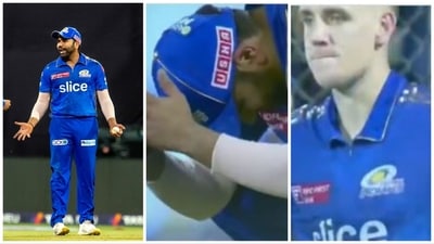 Rohit Sharma was in absolute disbelief after Cameron Green dropped a sitter to give Dinesh Karthik a lifeline (ANI-IPL) Rohit Sharma was in absolute disbelief after Cameron Green dropped a sitter to give Dinesh Karthik a lifeline (ANI-IPL)