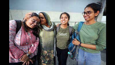 Haryana students meet their family members after returning from the violence-hit Manipur at Indira Gandhi International (IGI) Airport in New Delhi on Monday. (ANI) Haryana students meet their family members after returning from the violence-hit Manipur at Indira Gandhi International (IGI) Airport in New Delhi on Monday. (ANI)