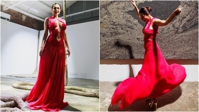 Malaika styled the ensemble with a gold box clutch, stilettos, and dangling earrings. In the end, Malaika chose a centre-parted sleek bun, brown lip shade, subtle eye shadow, darkened brows, winged eyeliner, mascara on the lashes, rouged cheekbones, and a dewy base for the glam picks. (Instagram) Malaika styled the ensemble with a gold box clutch, stilettos, and dangling earrings. In the end, Malaika chose a centre-parted sleek bun, brown lip shade, subtle eye shadow, darkened brows, winged eyeliner, mascara on the lashes, rouged cheekbones, and a dewy base for the glam picks. (Instagram)