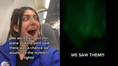 Passenger witnesses northern lights from plane. (Instagram/@RachelLevin) Passenger witnesses northern lights from plane. (Instagram/@RachelLevin)