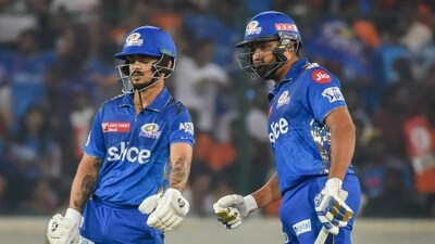 Mumbai Indians batters Rohit Sharma and Ishan Kishan during the IPL 2023 cricket match (PTI) Mumbai Indians batters Rohit Sharma and Ishan Kishan during the IPL 2023 cricket match (PTI)