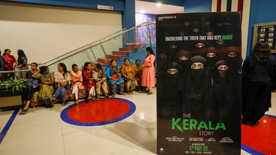 Women wait at a cinema hall to watch the 'The Kerala Story' in Ahmedabad in Gujarat on Saturday, May 6, 2023. (PTI) Women wait at a cinema hall to watch the 'The Kerala Story' in Ahmedabad in Gujarat on Saturday, May 6, 2023. (PTI)