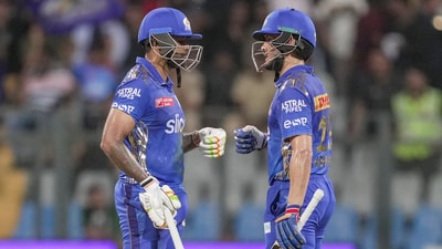 Suryakumar Yadav and Nehal Wadhera during the IPL 2023 match between Royal Challengers Bangalore and Mumbai Indians at Wankhede Stadium (PTI)