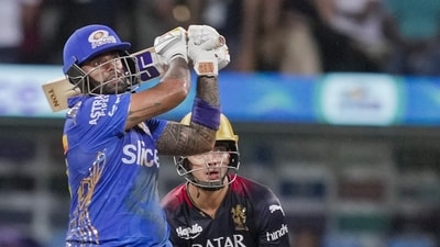 Mumbai: Mumbai Indians batter Suryakumar Yadav plays a shot during the IPL 2023 cricket match between Royal Challengers Bangalore and Mumbai Indians at Wankhede Stadium in Mumbai, Tuesday, May 9, 2023. (PTI Photo/Kunal Patil) (PTI05_09_2023_000381A) (PTI) Mumbai: Mumbai Indians batter Suryakumar Yadav plays a shot during the IPL 2023 cricket match between Royal Challengers Bangalore and Mumbai Indians at Wankhede Stadium in Mumbai, Tuesday, May 9, 2023. (PTI Photo/Kunal Patil) (PTI05_09_2023_000381A) (PTI)