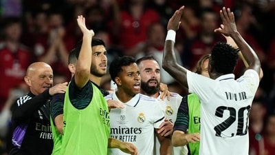 Real Madrid's Rodrygo, centre, is congratulated by team mates after scoring his side's second goal (AP) Real Madrid's Rodrygo, centre, is congratulated by team mates after scoring his side's second goal (AP)