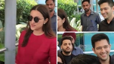 Parineeti Chopra and Raghav Chadha were spotted at the Delhi airport. Parineeti Chopra and Raghav Chadha were spotted at the Delhi airport.