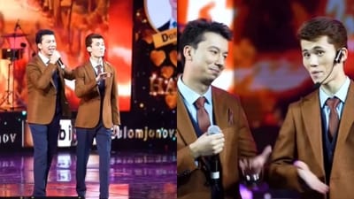 The image, taken from the viral video, shows Uzbekistan singers Kakhramon and Dostonbek singing Mere Dholna from the film Bhool Bhulaiyaa. (Facebook/@La Musica)